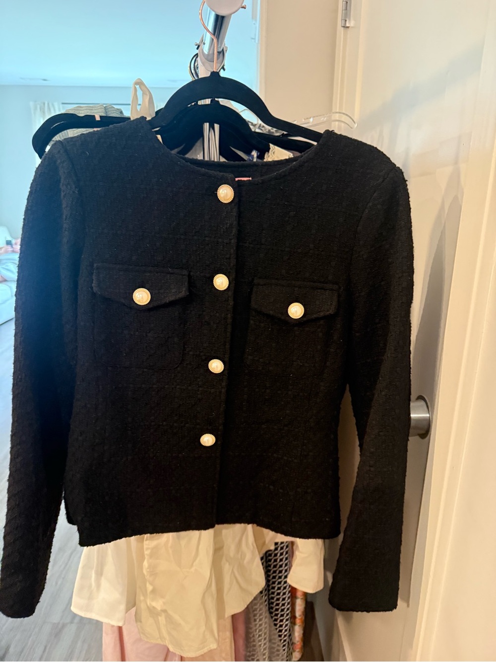 Black Textured Pearl-Button Jacket with shoulder pads - Women